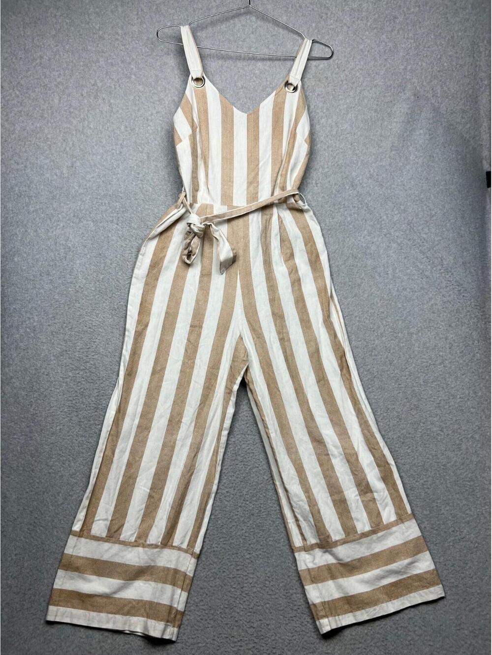 Japan Striped Cotton Linen Blend Jumpsuit Womens M Nautical Coastal Beach Casual